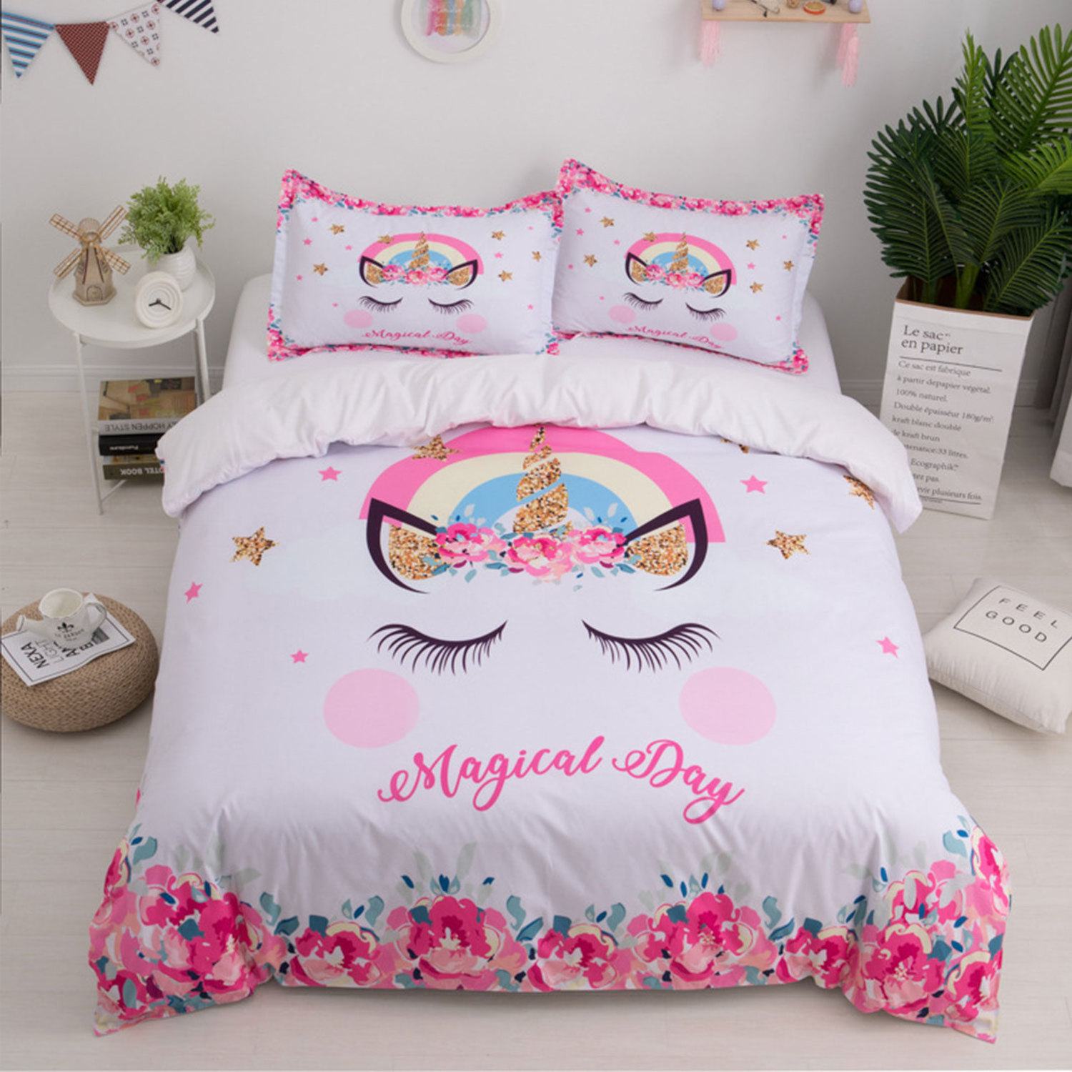 Unicorn children bedding set matching curtain home bedroom cotton bed linen sets