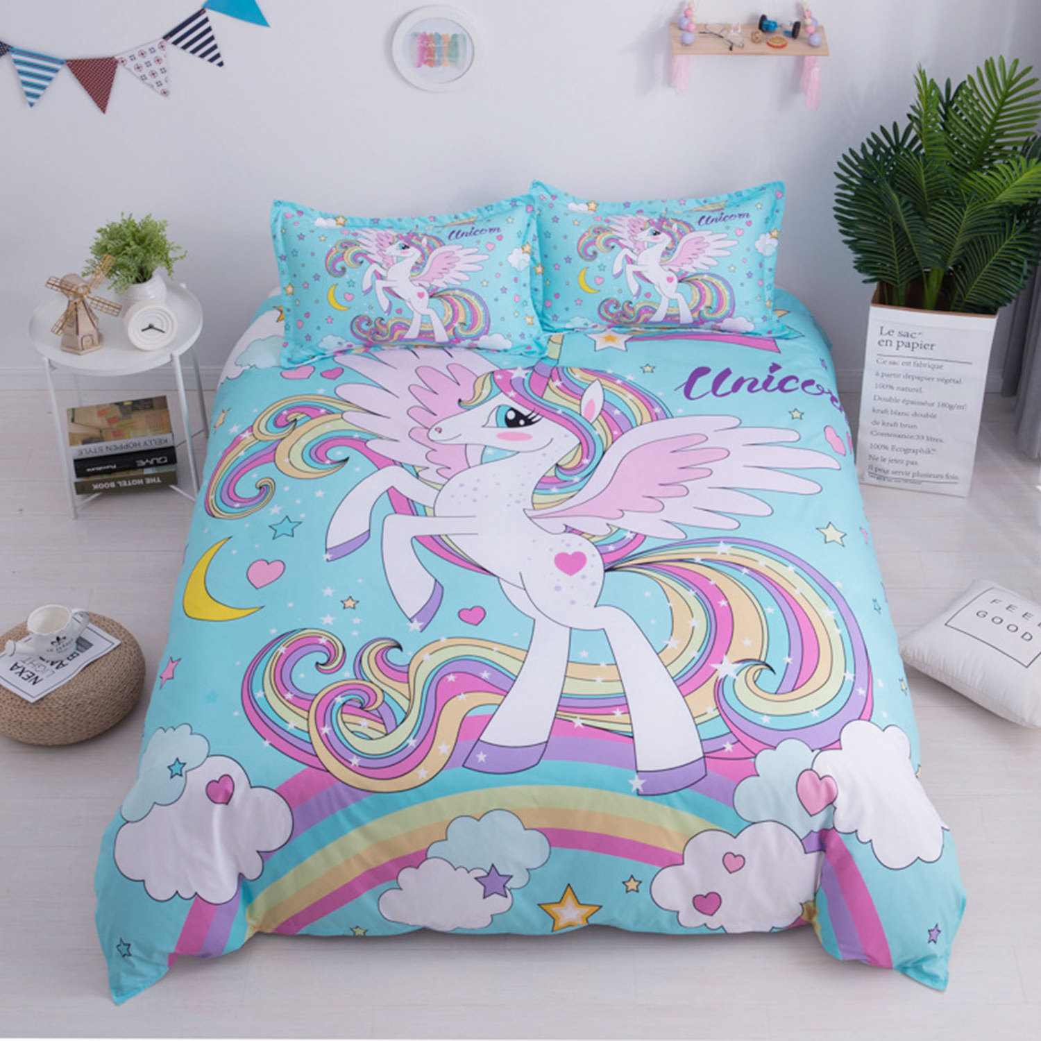 3d Printed Cartoon Unicorns Quilt Waterproof Comforter Bedding Set Fitted Bed Sheet 40 Knitted OEM & ODM Customized Size 4 Pcs