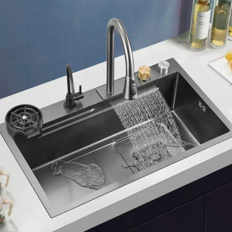 wholesale cheap single bowl 304 stainless steel deep kitchen sink undermount waterfall kitchen sink with cup washer