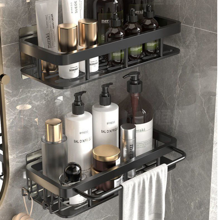 suppliers custom aluminum wall mounted black bathroom shelves shower double layers black self adhesive shower caddy shelf