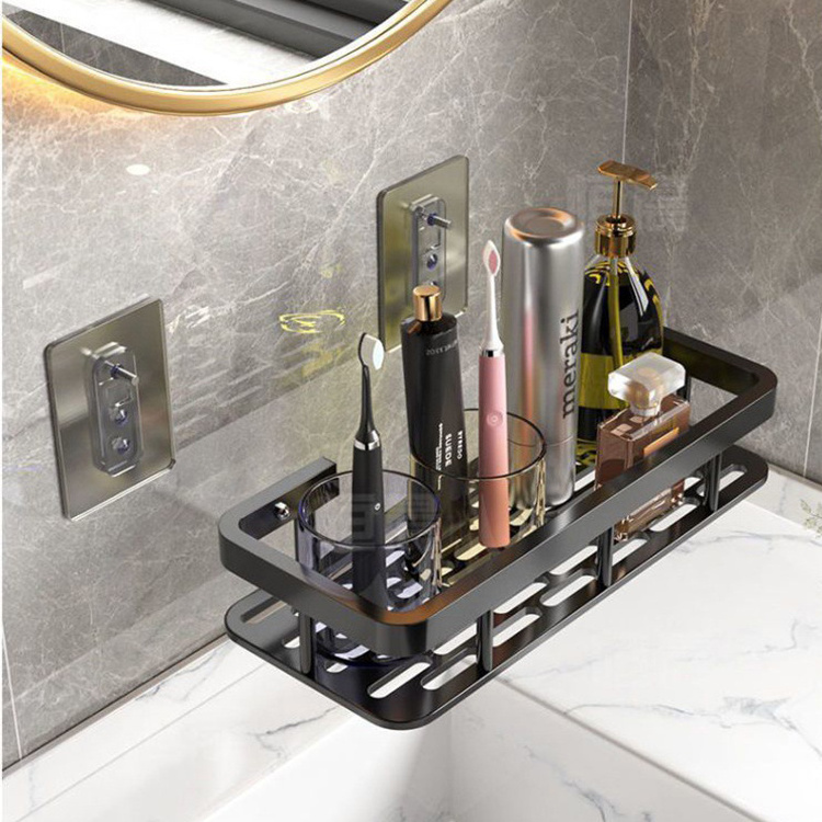 suppliers custom aluminum wall mounted black bathroom shelves shower double layers black self adhesive shower caddy shelf