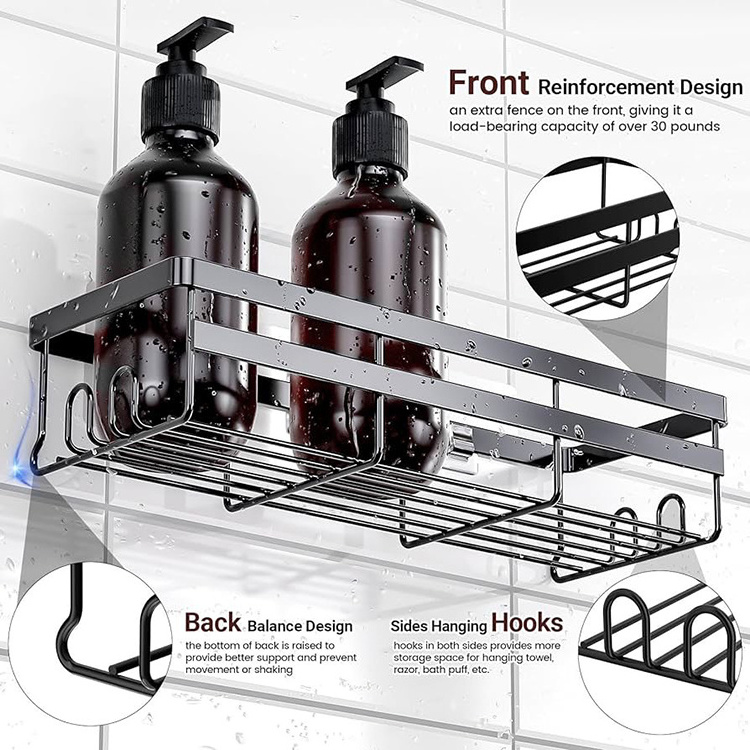 factory custom self adhesive black shower caddy shelf organizer rack no drilling shower shelf basket without drilling