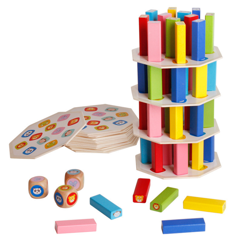 54 Piece Mini color Wooden Stacking Board Games Building Blocks for Kids Timber Tower block set