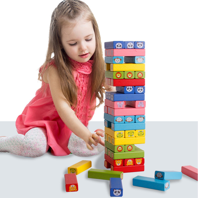 54 Piece Mini color Wooden Stacking Board Games Building Blocks for Kids Timber Tower block set