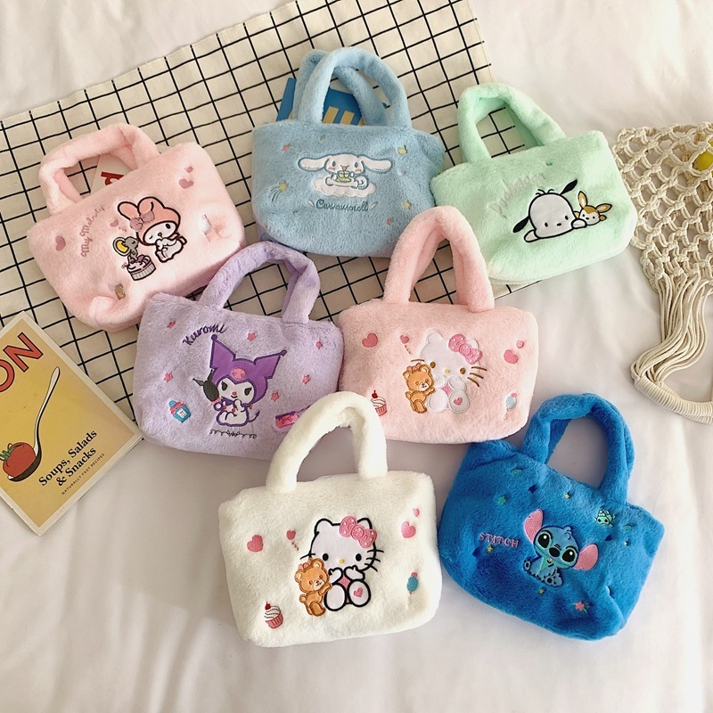 Sanrio Plush Tote Bag Hello Kitten My Melody Kuromi Kawaii Doll Plush Bags Plush Shoulder Bags Girls