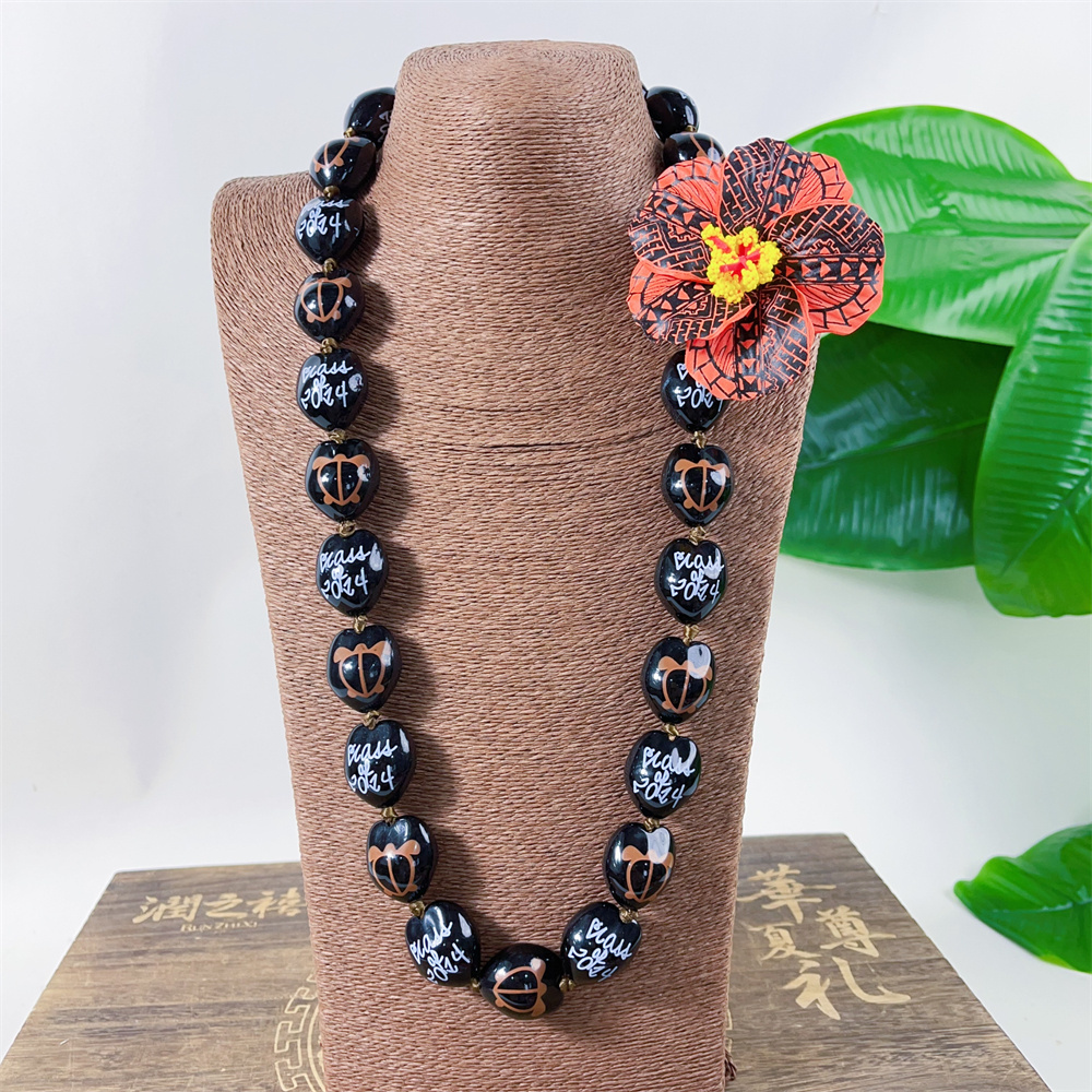 Handmade Hawaiian Acrylic Kukui Nut Necklace Lei for 2024 School Graduation Celebration