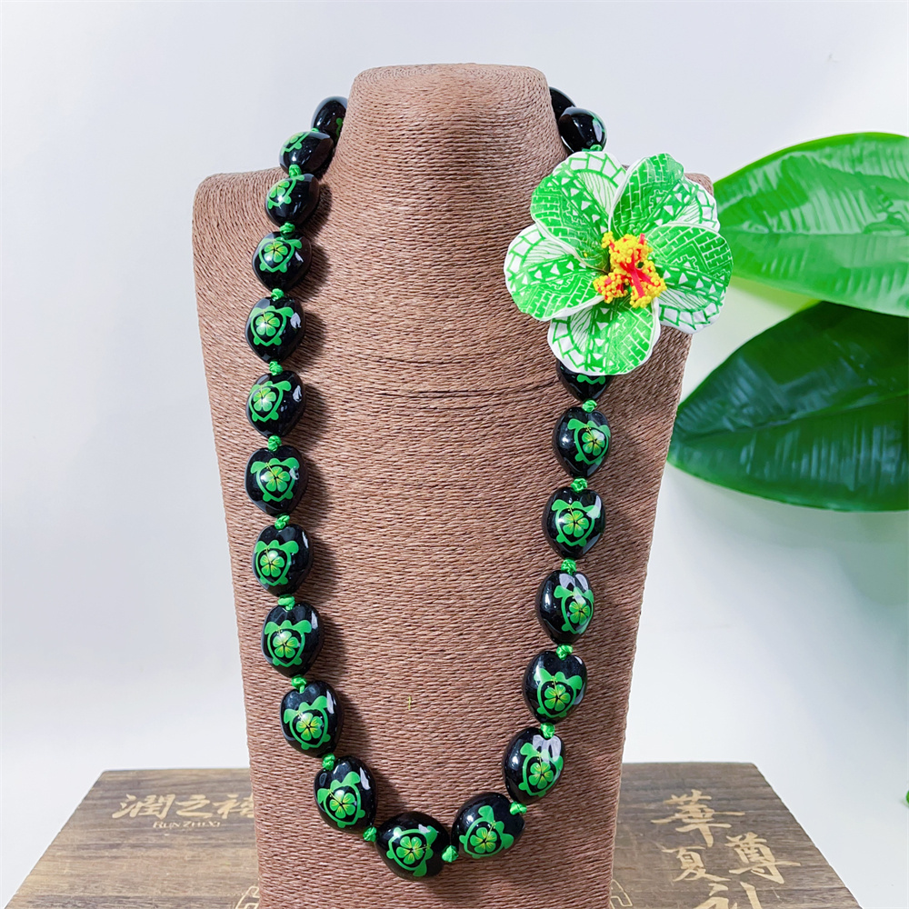 Customizable Acrylic Kukui Nut Printed W/Hibiscus Necklace Lei for Graduation Party DIY Hawaiian Lei Beads