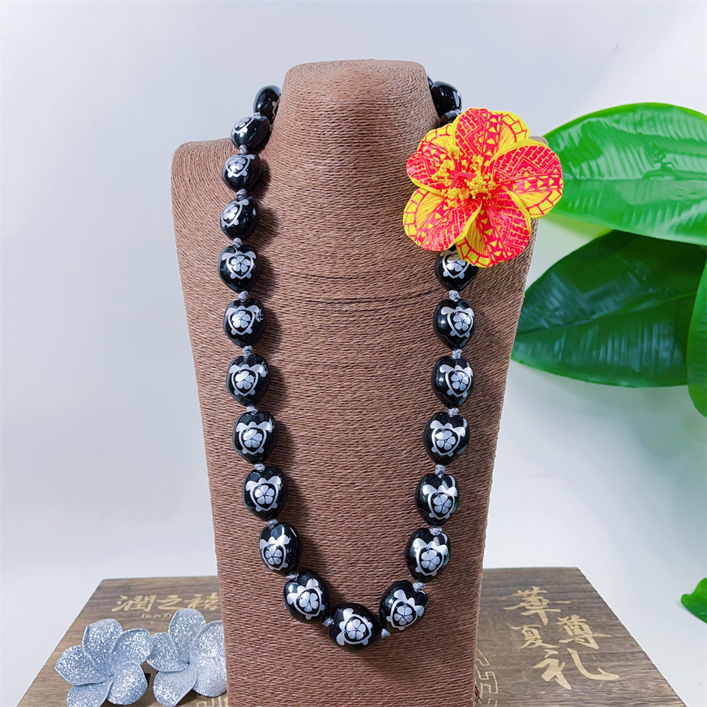 Customizable Acrylic Kukui Nut Printed W/Hibiscus Necklace Lei for Graduation Party DIY Hawaiian Lei Beads