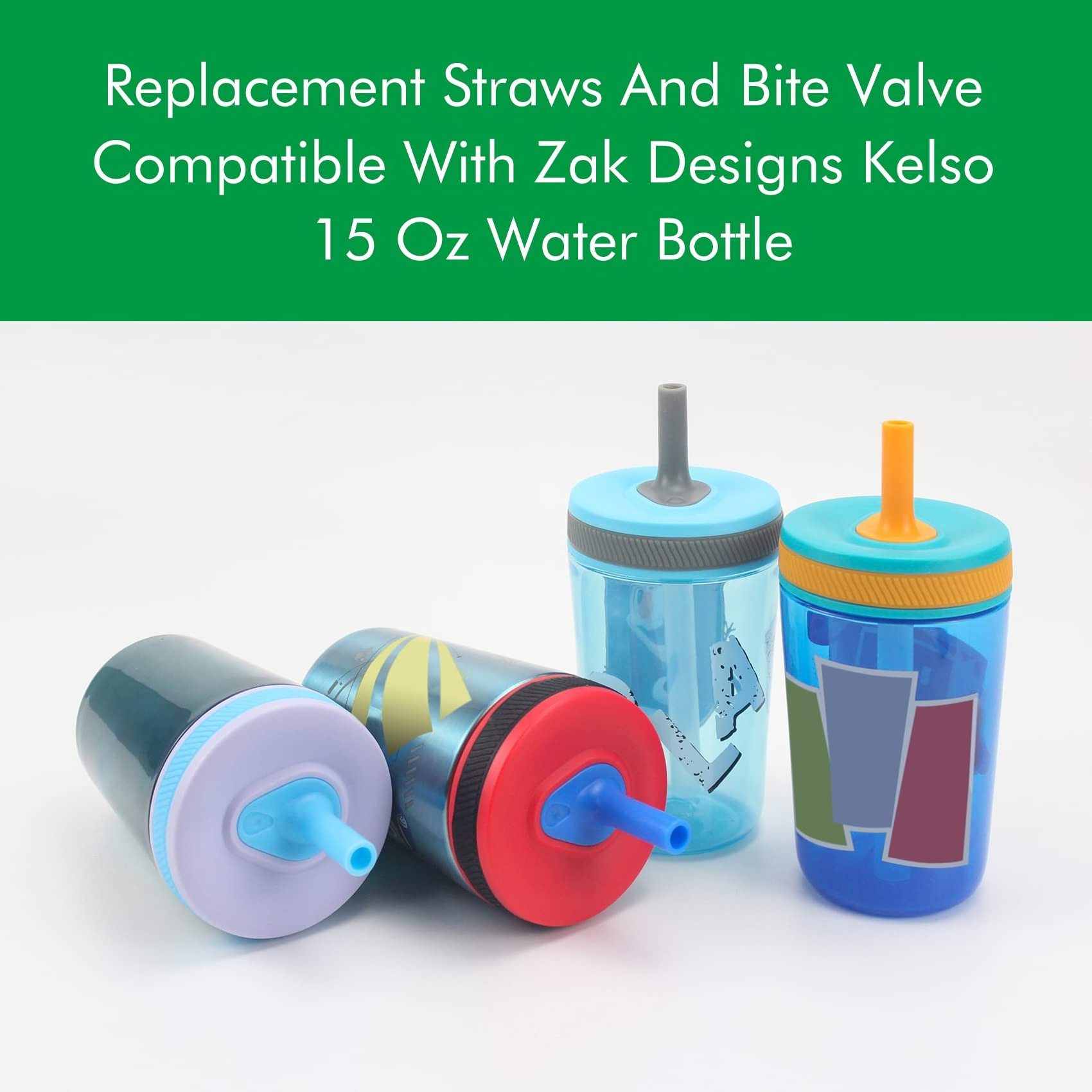 Replacement Straws and Bite Valve Compatible with Zak Designs Kelso 15 oz Water Bottle, BPA-Free and Durable