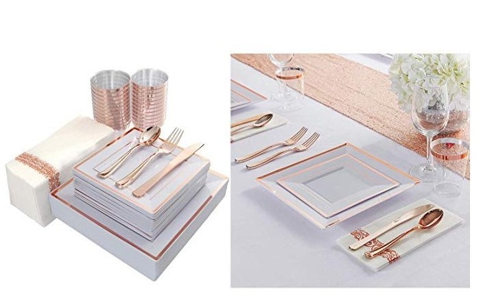 Guest Gold Dinnerware Plastic Plate Set For Wedding Gold Rim Square Dinner Plate Disposable charger plates