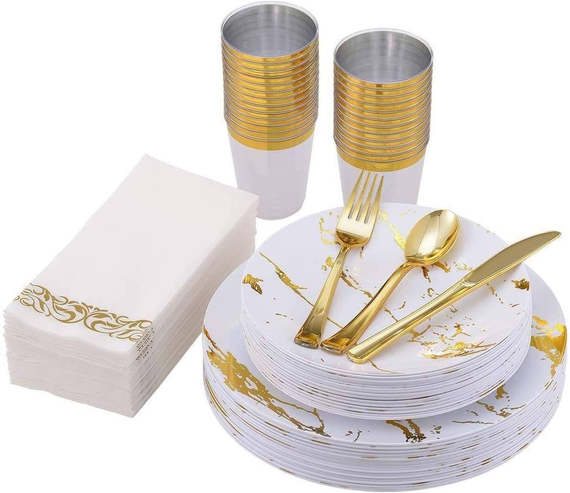 Wedding Party Marble Design Disposable Plastic Dinnerware Set With Silverware And Gold Rim Cups White And Gold melamine plates