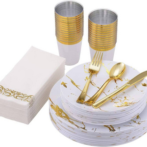 Wedding Party Marble Design Disposable Plastic Dinnerware Set With Silverware And Gold Rim Cups White And Gold melamine plates