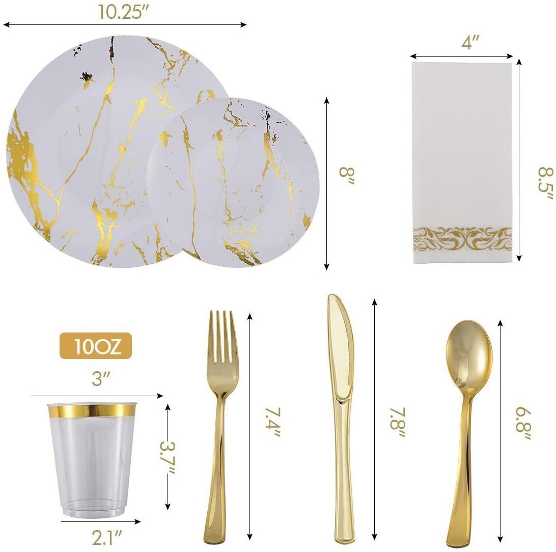 Wedding Party Marble Design Disposable Plastic Dinnerware Set With Silverware And Gold Rim Cups White And Gold melamine plates