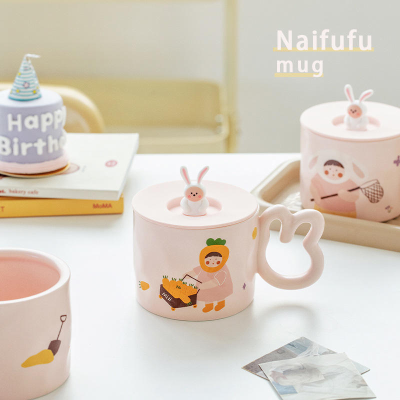 Ceramic mug with cute rabbit-shaped handle factory direct sale custom design porcelain milk cup with pink lid for girl and kids