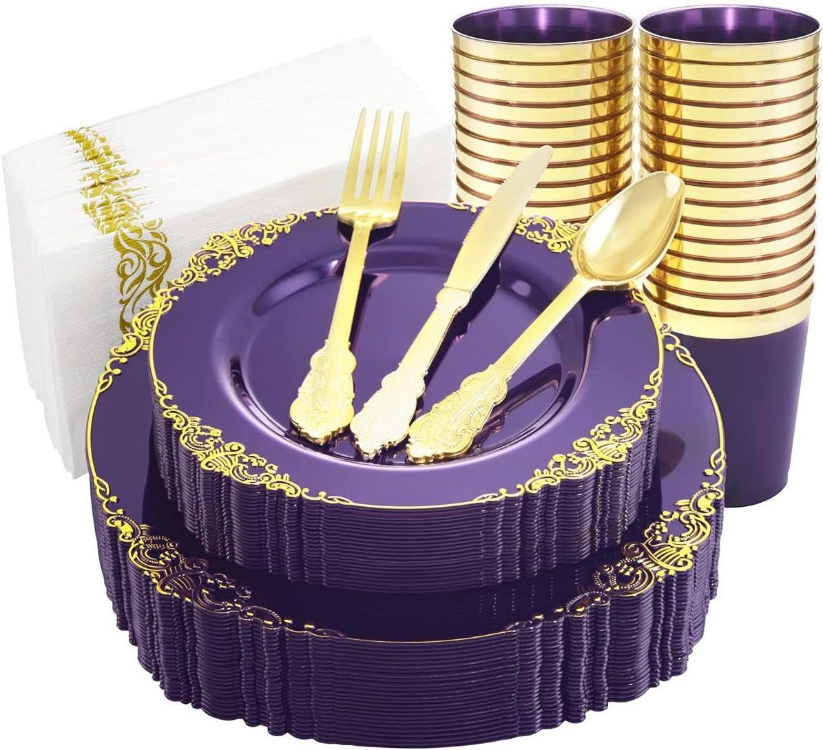 Kylong 175pcs Disposable food grade plastic 13 inch acrylic transparent purple wedding charger plates with gold rim