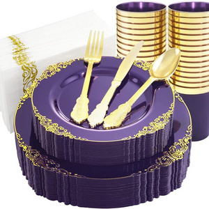 Kylong 175pcs Disposable food grade plastic 13 inch acrylic transparent purple wedding charger plates with gold rim