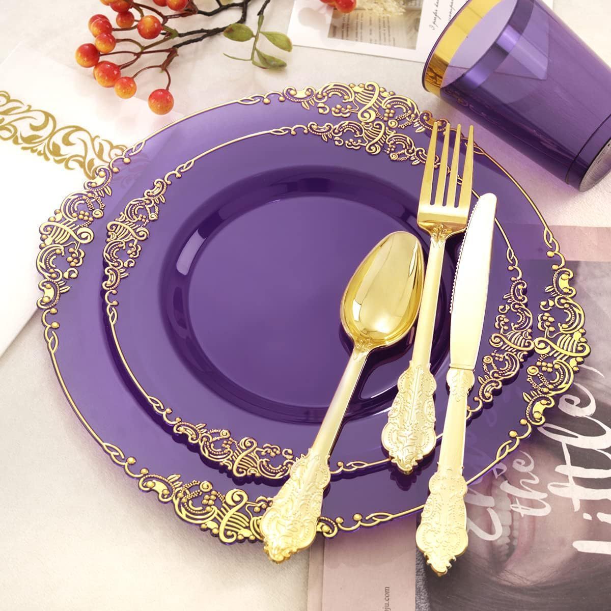 Kylong 175pcs Disposable food grade plastic 13 inch acrylic transparent purple wedding charger plates with gold rim