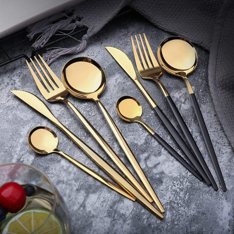 Luxury Tableware Handle Flatware Utensils Kitchenware Cutlery Set Gold Stainless Steel Hotel Restaurant Matte Cutlery Black