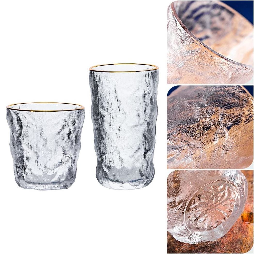 High quality golden edge relief glacier pattern concave convex bear glass cups whiskey glass