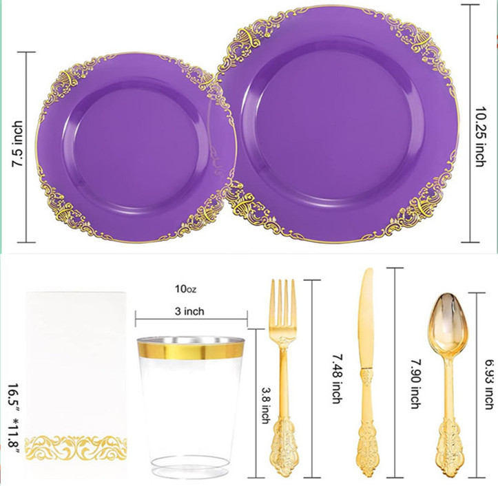 Kylong 175pcs Disposable food grade plastic 13 inch acrylic transparent purple wedding charger plates with gold rim