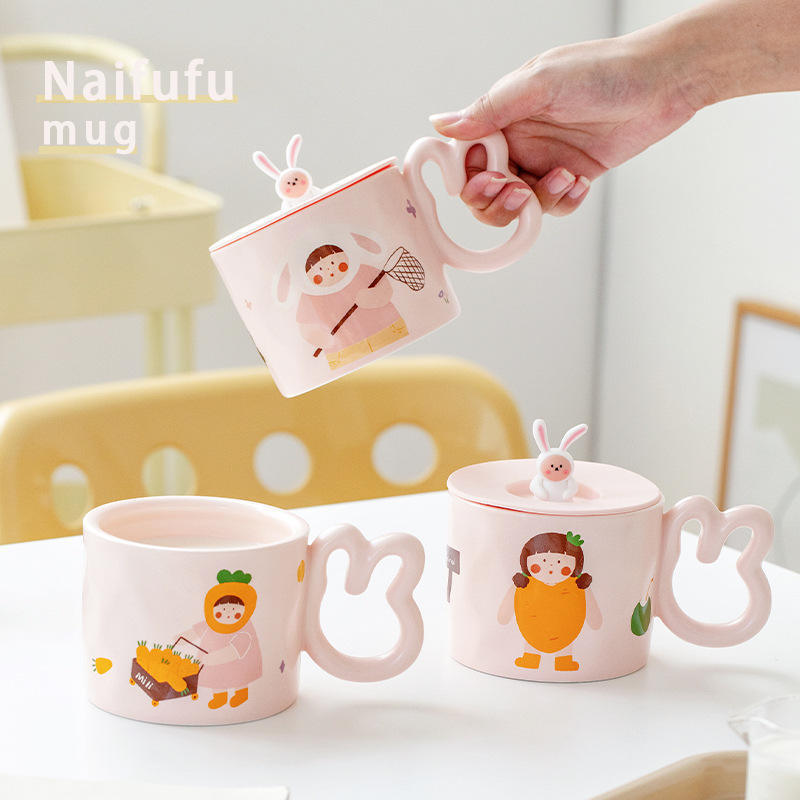 Ceramic mug with cute rabbit-shaped handle factory direct sale custom design porcelain milk cup with pink lid for girl and kids