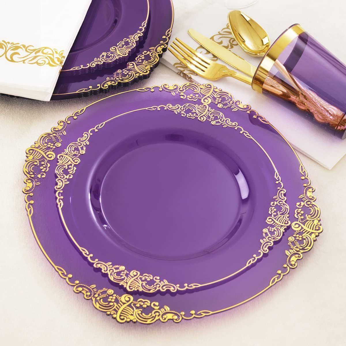 Kylong 175pcs Disposable food grade plastic 13 inch acrylic transparent purple wedding charger plates with gold rim