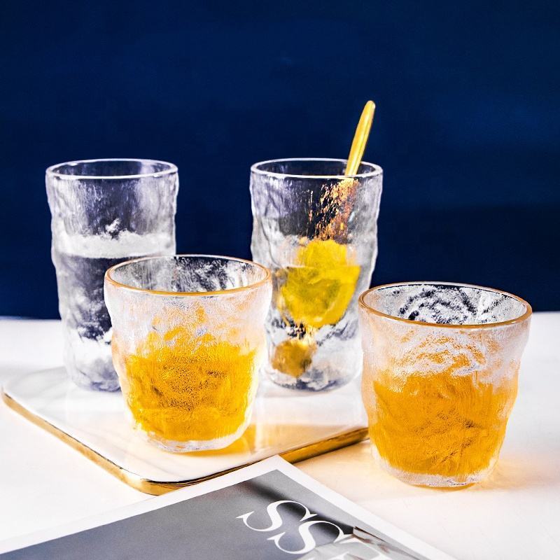 High quality golden edge relief glacier pattern concave convex bear glass cups whiskey glass