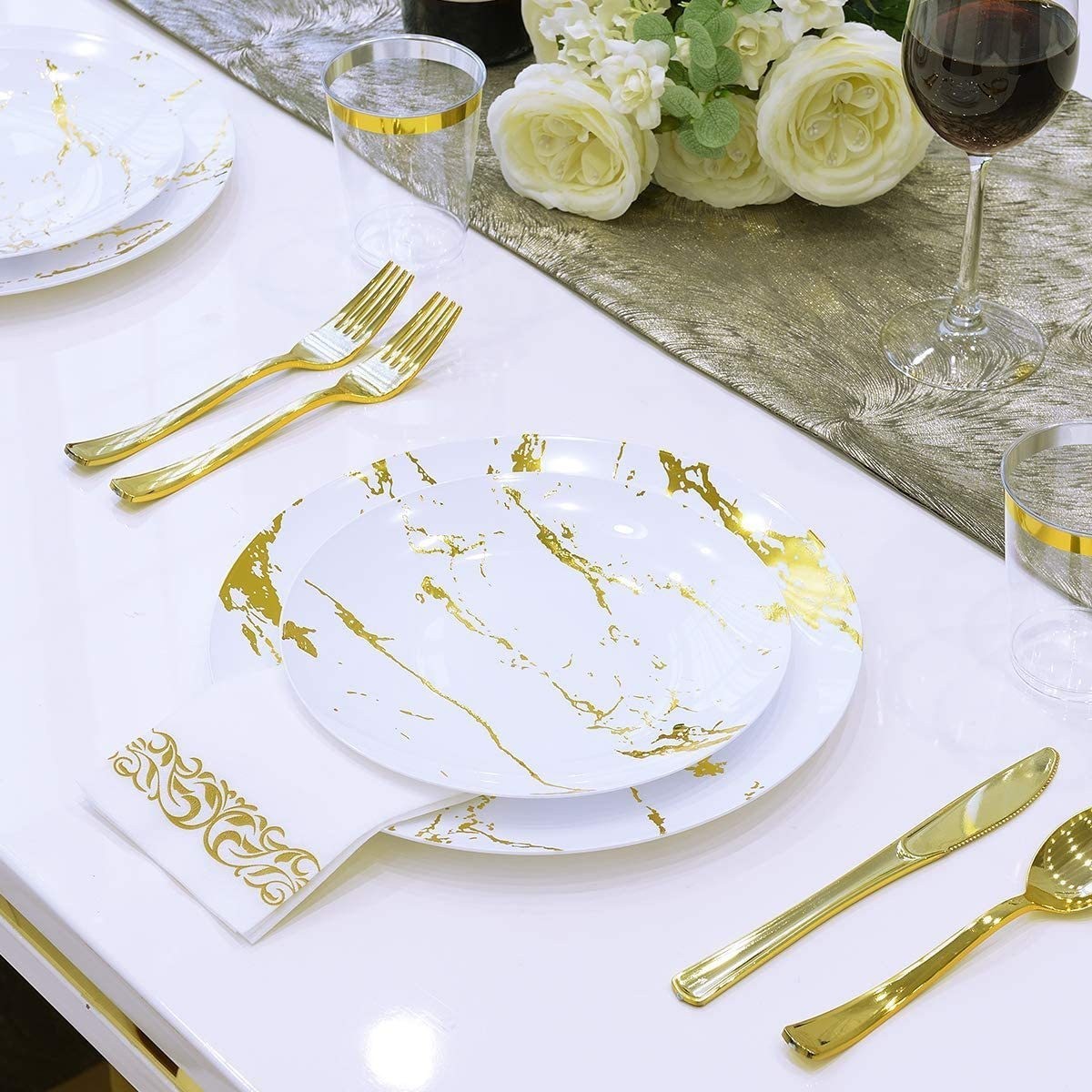 Wedding Party Marble Design Disposable Plastic Dinnerware Set With Silverware And Gold Rim Cups White And Gold melamine plates