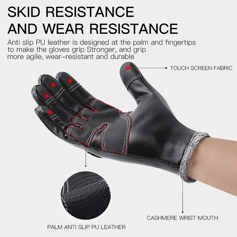 Fashion Black Outdoor Cycling Gloves Touchscreen Waterproof Winter Pu Leather Running Driving Work Gloves