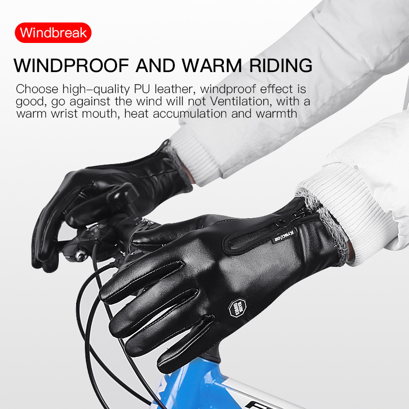 Fashion Black Outdoor Cycling Gloves Touchscreen Waterproof Winter Pu Leather Running Driving Work Gloves