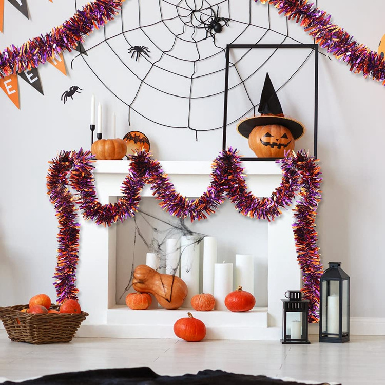 Halloween Tinsel Garlands Shiny Black Orange and Purple Halloween Hanging Metallic Garland for Halloween Party Supplies KD2170