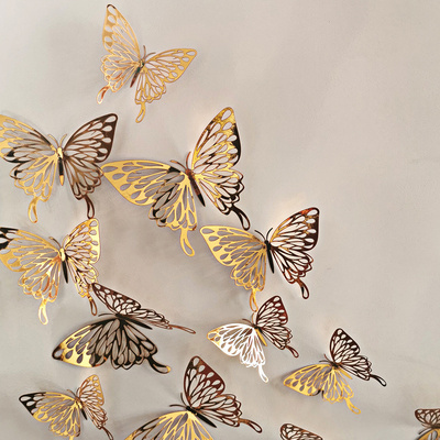 12PCS Gold Butterfly Decals Hollow-Out 3D Butterfly Stickers Glitter Art Murals for Wall or Party Decorations KD110