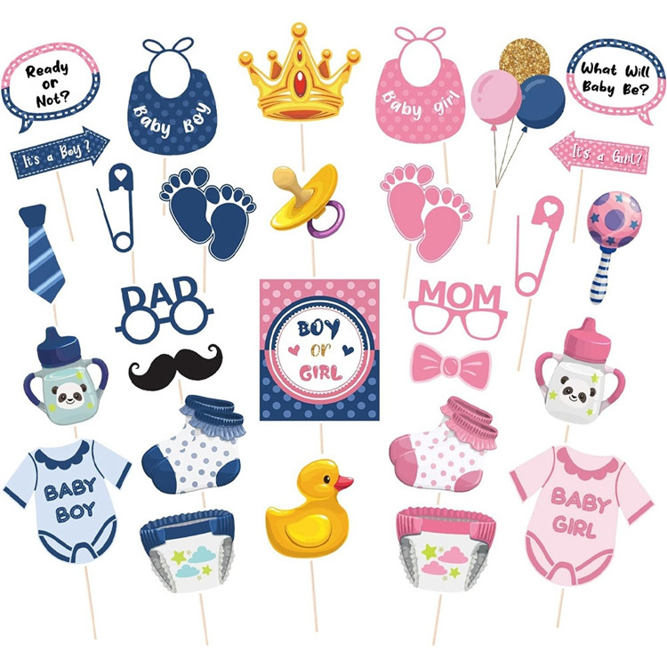 29PCS Baby Shower Photo Booth Props with Sticks and Glue Dots Baby Boy or Girl Gender Reveal Party Supplies for Backdrop H0901