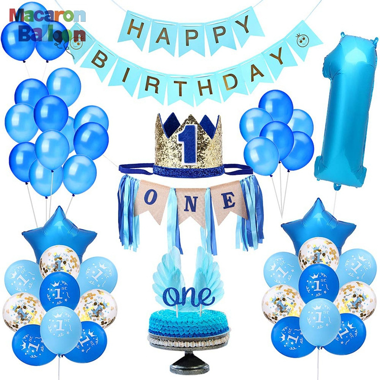 1St Birthday Boy Decorations Includes High Chair Burlap Decoration Kits Happy Birthday Banner And Latex Confetti Balloons KK746