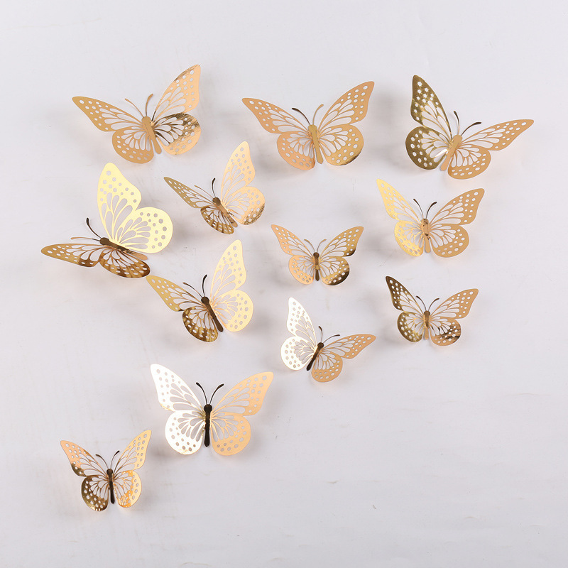 12PCS Metal Butterfly Wall Decoration Butterfly 3D Hollow Home Living Room Three-dimensional Butterfly Decal