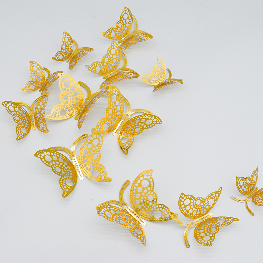 12PCS Gold Butterfly Decals Hollow-Out 3D Butterfly Stickers Glitter Art Murals for Wall or Party Decorations KD110