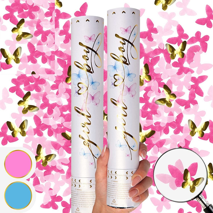 Gender Reveal Confetti Cannon White Boy Or Girl Butterfly Confetti & Powder Launcher for Baby Gender Reveal Birthday Party KD280