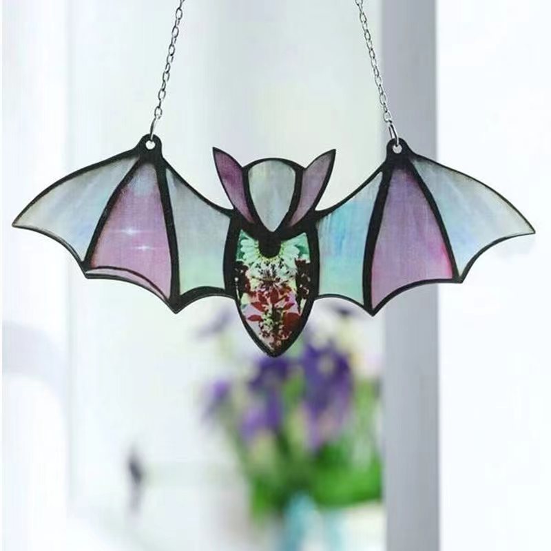 Goth Bats Stained Glass Light Catcher Window Hanging Acrylic Glass Art Wall Decor Halloween Bats Car Mirror Ornaments KD2495