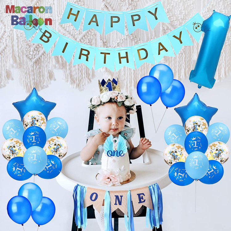 1St Birthday Boy Decorations Includes High Chair Burlap Decoration Kits Happy Birthday Banner And Latex Confetti Balloons KK746