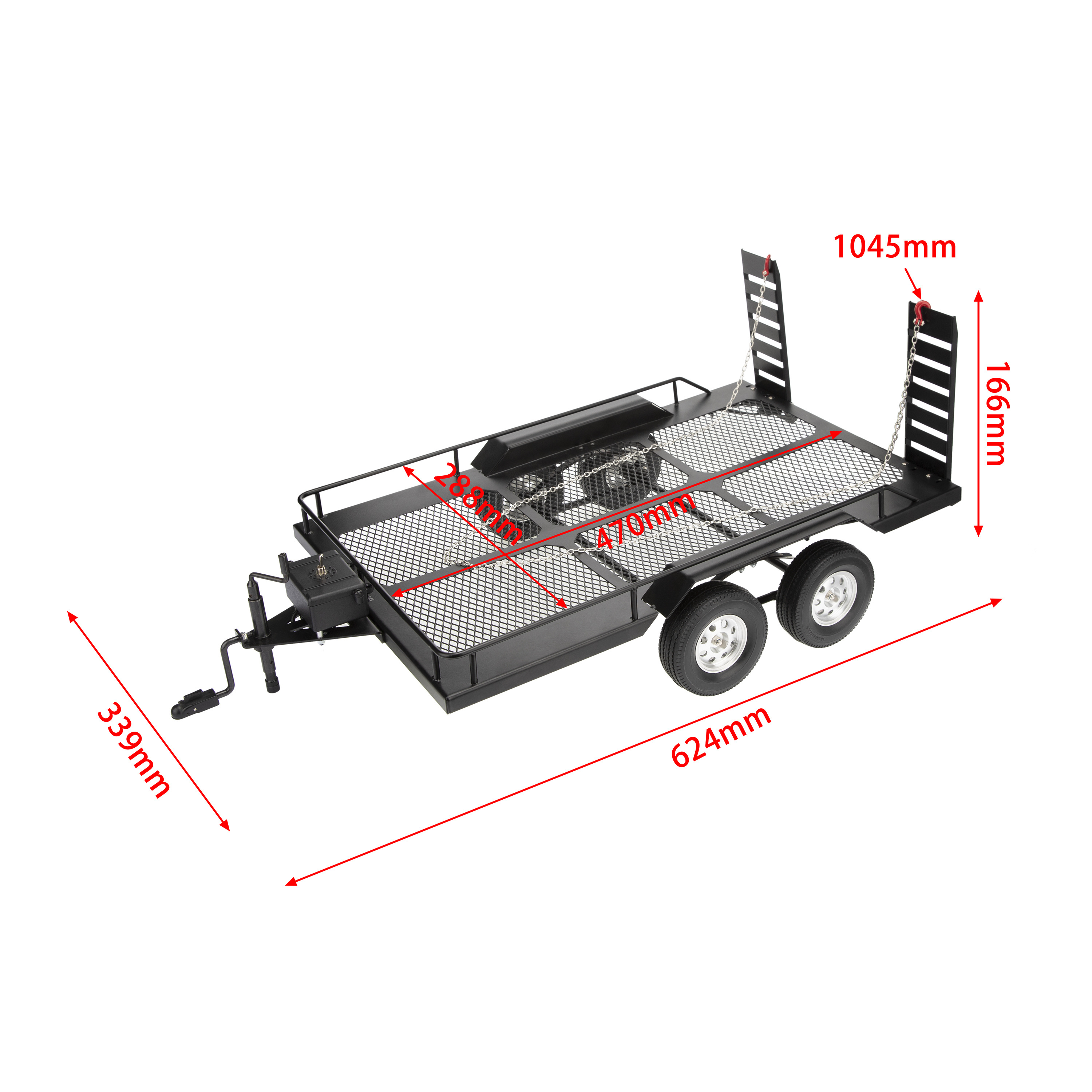 1/10 RC Rock Crawler Metal Trailer Dual Axle Trailer with Four Tires for TRX4 KM2 D90 SCX10