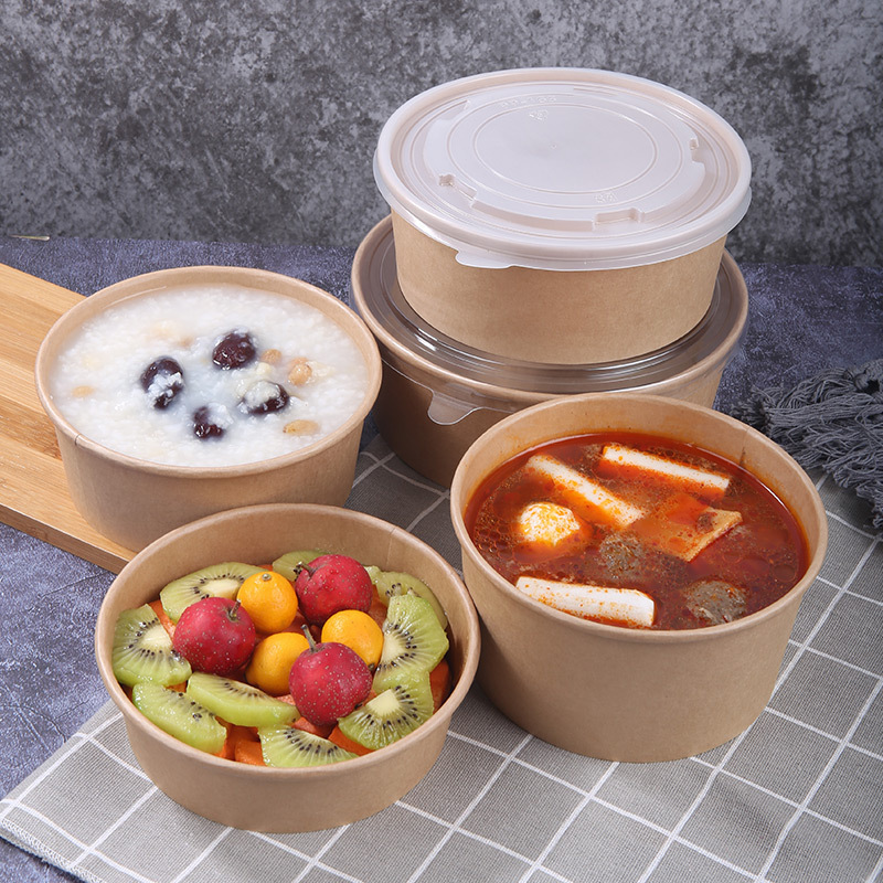 Disposable Degradable Salad Paper Bowls With Plastic Lids Customized Print Paper Salad Bowl Various Kraft Paper Bowl