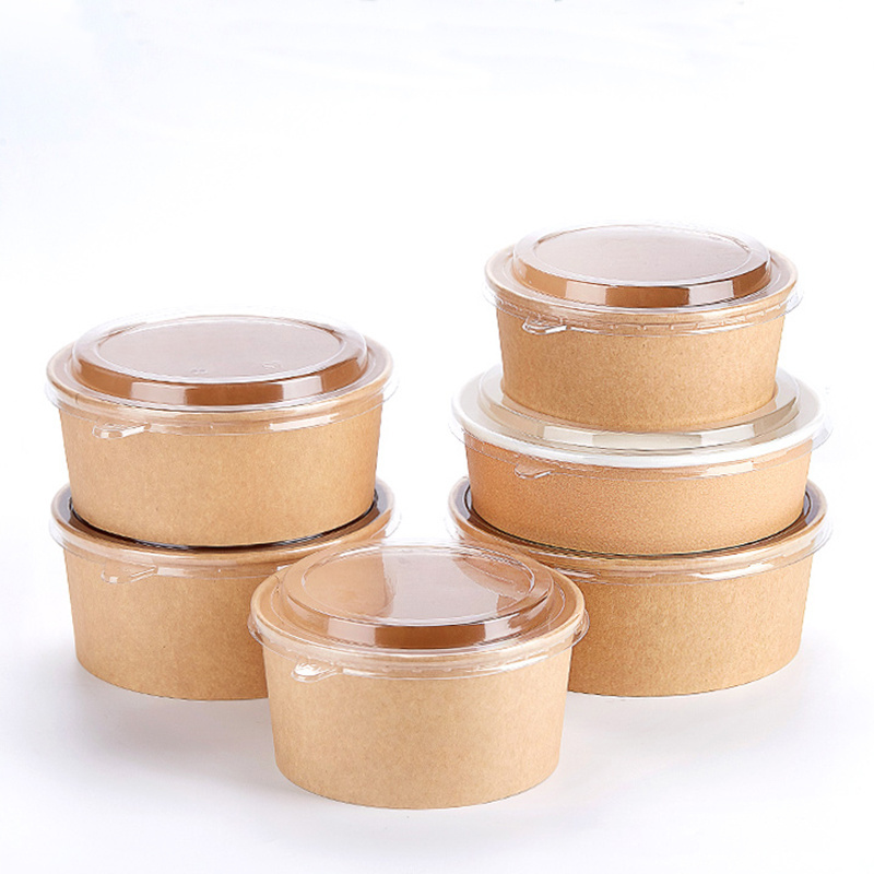 Disposable Degradable Salad Paper Bowls With Plastic Lids Customized Print Paper Salad Bowl Various Kraft Paper Bowl