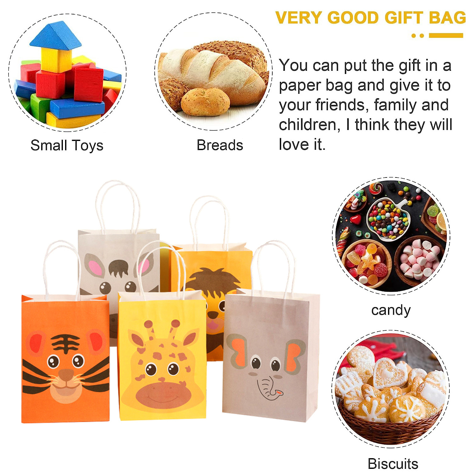 Kids Children Theme Birthday Candy Treat Paper Gift Bags Animal Party Favor Bags with Handles