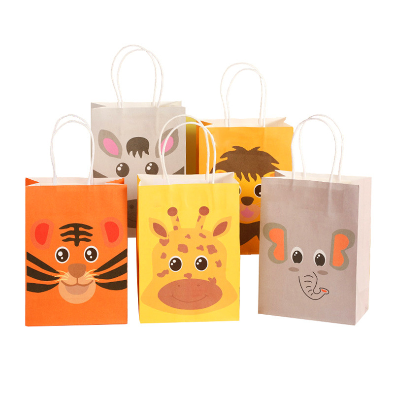 Kids Children Theme Birthday Candy Treat Paper Gift Bags Animal Party Favor Bags with Handles