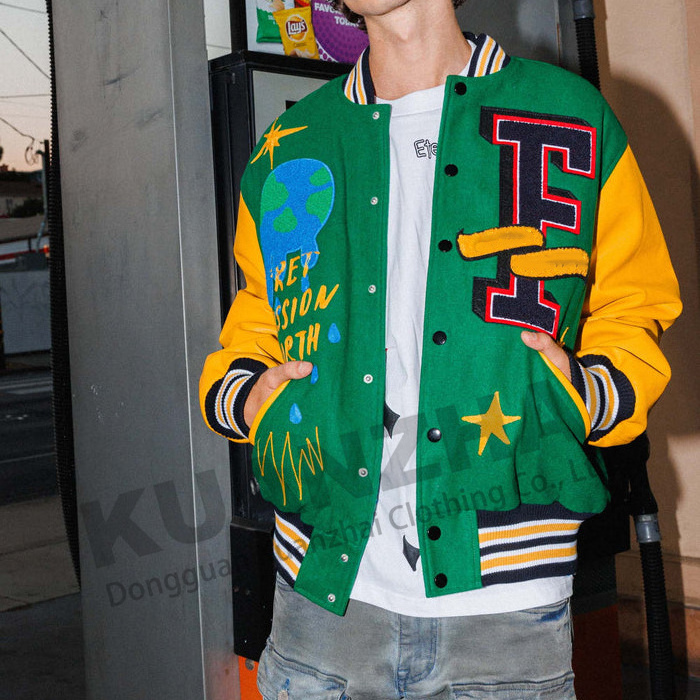 jacket hombre chaqueta varsity manufacturer customizable green and yellow blank all cotton varsity jacket for men