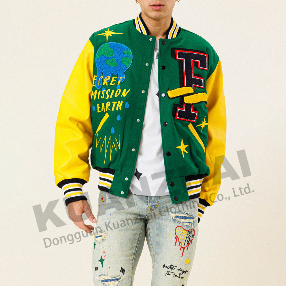 jacket hombre chaqueta varsity manufacturer customizable green and yellow blank all cotton varsity jacket for men