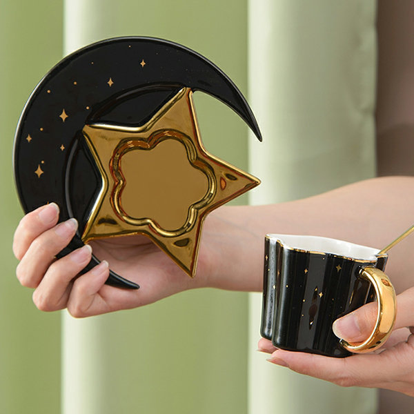 Ceramic Black Star Moon Coffee Cup and Saucer with Spoon Set Golden Handle Porcelain Mug Tea Juice for Water Drinks