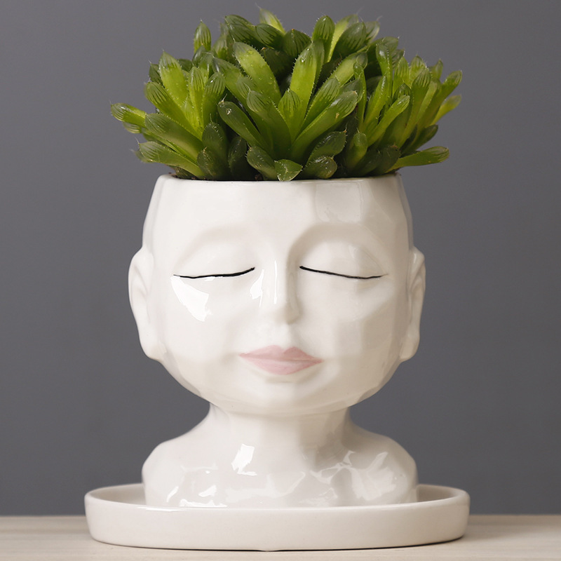 Ceramic Human Face Shaped Succulent Planter Flower Pot with Drainage Holes for Indoor Outdoor Floral Nursery Decor