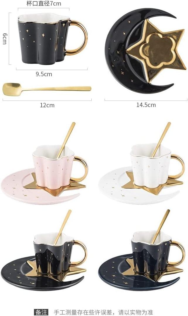 Ceramic Black Star Moon Coffee Cup and Saucer with Spoon Set Golden Handle Porcelain Mug Tea Juice for Water Drinks