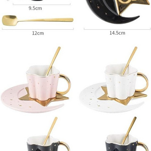 Ceramic Black Star Moon Coffee Cup and Saucer with Spoon Set Golden Handle Porcelain Mug Tea Juice for Water Drinks